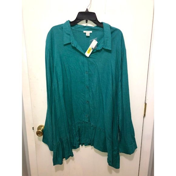 NWT Westbound Woman Plus SZ 3X Long Sleeve Button Up Peplum Hem Shirt Green NEW - Picture 1 of 3